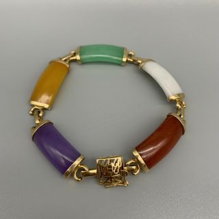 Vintage Chinese 14k Yellow Gold Jade Multi Stone Bracelet Export Signed 08102004