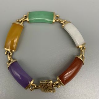 Vintage Chinese 14k Yellow Gold Jade Multi Stone Bracelet Export Signed 08102004 2