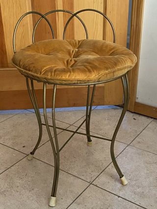 Vintage Mid Century Modern Gold Metal Vanity Stool Seat Chair Cushion
