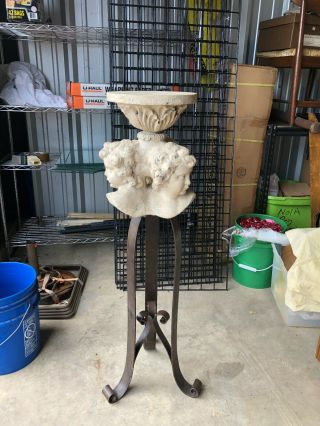 Wl7051: Concrete And Wrought Iron Angel Plant Stand Pedestal Local Pickup