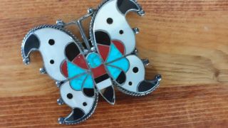 Vintage Southwest Zuni Multi - Stone Inlay Sterling Silver Butterfly Brooch Pin