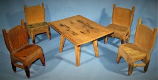 Rare Vintage Folk Art Hand Carved Wood 5 - Pc Toy Furniture Table & Chairs Tn Mts