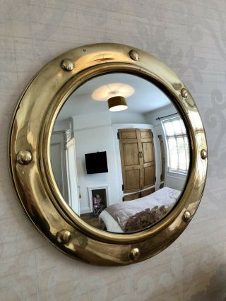 Lovely Vintage 50s /60s Large 15.  5 “brass Convex Porthole Mirror