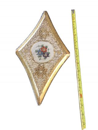 Vintage Gold Italian Florentine Wood Diamond Shaped Picture Plaque Flowers