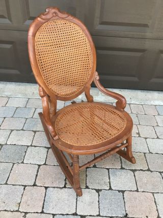 Victorian Walnut Sewing Rocker With Cane Seat And Back In
