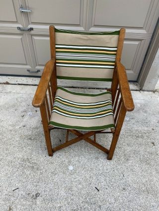 Antique Vintage Outdoor Folding Wood And Canvas Garden Or Camping Chair