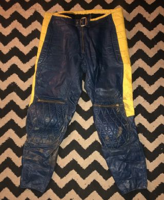 Vintage Leather Bill Walters Leathers 1970s Navy And Yellow Motorcycle Pants Bmx
