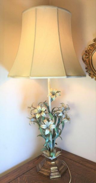 Huge 43 " Vintage Toleware Daylily Table Lamp Italian Gold Tole Lilies Gilt