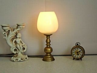 French Vintage Brass Candlestick Table Lamp With Milk Glass Shade 1976