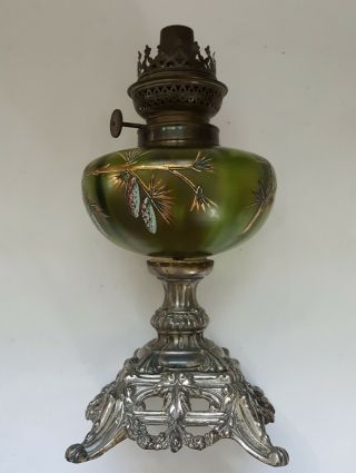 Antique French Art Nouveau Oil Lamp Enamelled Glass Gaudard Burner