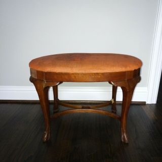 Vintage Wood Foot Stool With Carved Queen Anne Legs & Salmon - Colored Vinyl Seat