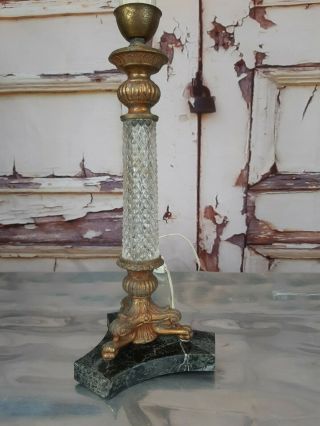 Vintage Antique French Crystal Glass Marble Base Brass Corinthian Column Lamp