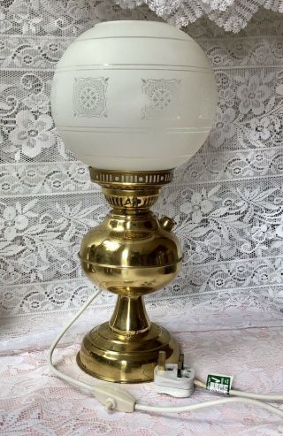 Antique Brass Oil Lamp Converted To Electric,  With Shade,  Safety