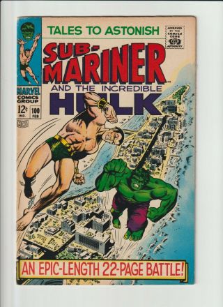 Tales To Astonish 100 1968 Hulk / Sub Mariner Silver Age Key Issue 6.  0 Fn