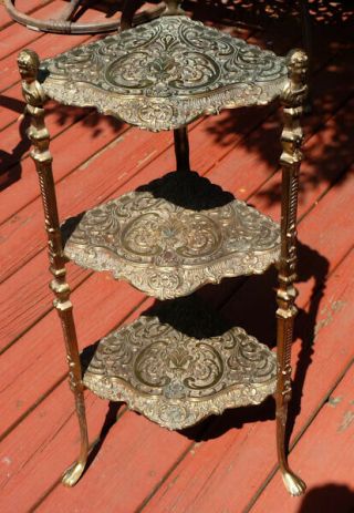 Vintage Cast Brass 3 Tier Triangles Plant Stand Etagere Cherubs/ladies Claw Feet