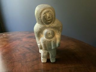 Vintage Inuit Soapstone Eskimo Art Carving Mother & Child Signed & Numbered