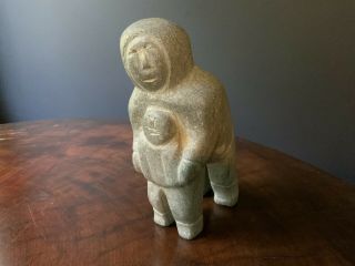 Vintage Inuit Soapstone Eskimo Art Carving Mother & Child Signed & Numbered 2