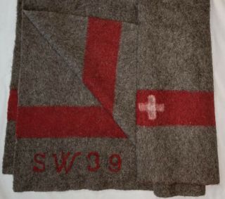 Vintage Ww Ii 1939 Swiss Army Wool Blanket Red Stripe Metal Serial Tag