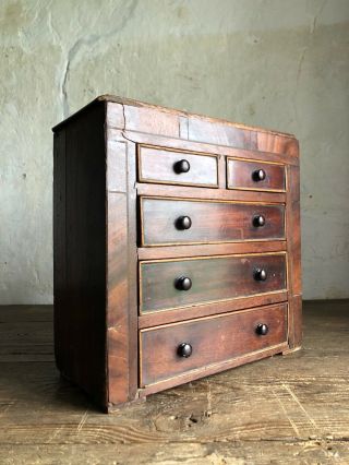 19thc Antique Miniature Chest Of Drawers / Apprentice Piece.  Jewellery Box.