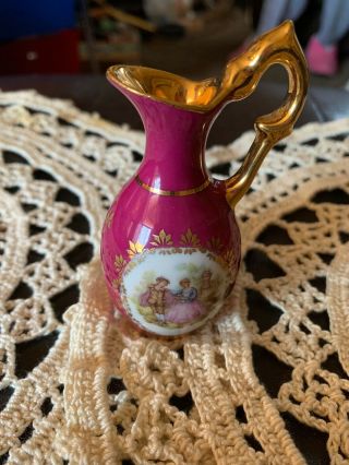 Limoges Burgundy And Gold Trim Porcelain Mini Pitcher Victorian Scene