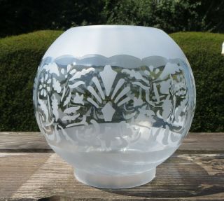 Vintage Etched Glass Oil Lamp Globe / Shade,  4 " Fitter,  Floral