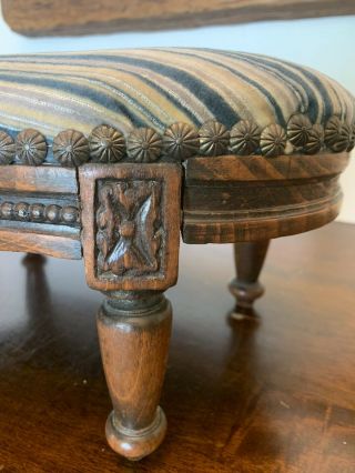 Vintage Foot Stool Ottoman Mahogany Carved Wood Primitive Victorian Fabric 15”