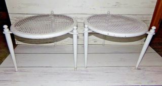 2 Vintage Patio Porch Tables White Diamond Metal Mesh Top