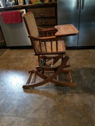 Mechanical Vintage Wooden Oak Cane Convertible Baby Rocker & High Chair & Tray