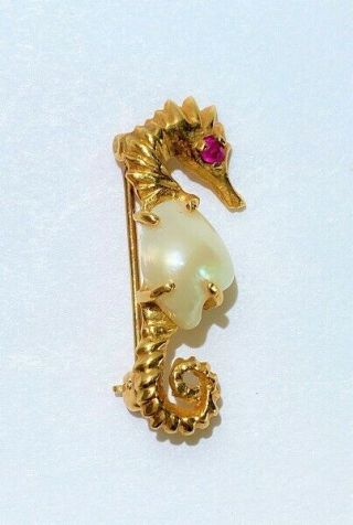 Vintage 14kt Gold Seahorse Brooch With Baroque Pearl & Ruby Eye.
