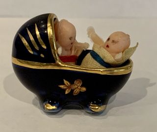 Vintage Limoges France Blue Porcelain Miniature Cradle & Dollhouse Baby Dolls