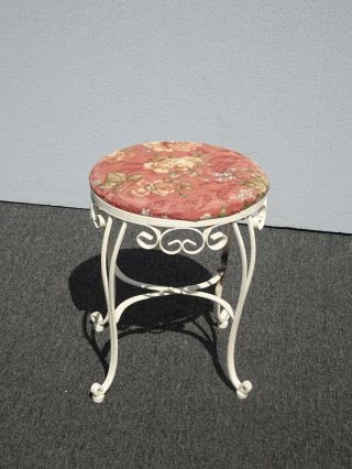 Vintage French Country Pink Floral Stool w White Base 2