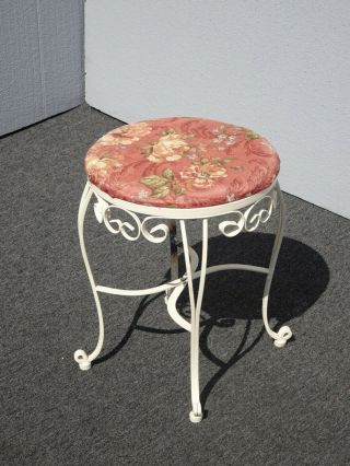 Vintage French Country Pink Floral Stool w White Base 3
