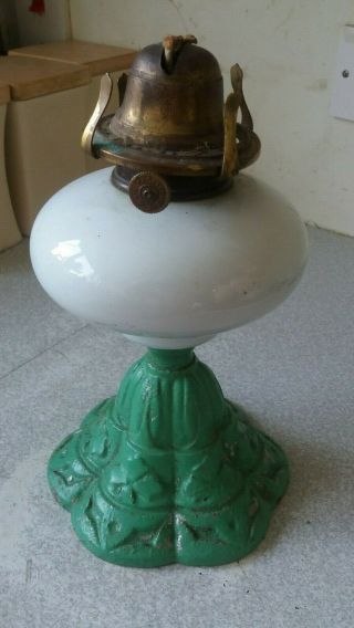 Antique Victorian Cast Iron & Opaque Glass Oil Lamp - Stamped Y Pl 337