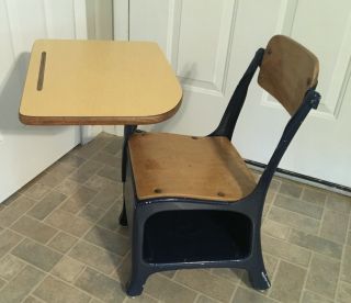 Vintage Childs Wood & Metal Blue School Desk W/ Cubby - Hole And Removable Desktop