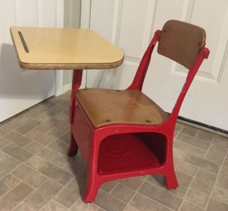 Vintage Child’s Wood & Red Metal School Desk W/ Cubby - Hole & Removable Desktop
