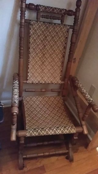 Antique Platform Spring Rocking Chair Wood Tapestry Upholstered 1880 