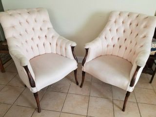 Vintage Victorian French Style End Chairs,  Pink Upholstery,  Wooden Legs