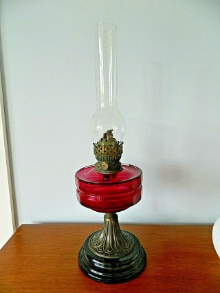 Lovely Dual Burner Brass Oil Lamp Lovely Cranberry Glass Font,  Wicks