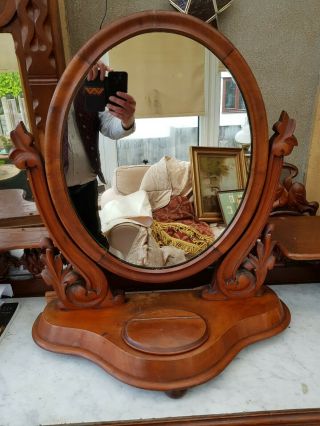 Antique - Victorian - Ornately Carved Large Walnut Cheval Style Vanity Mirror - C1880s