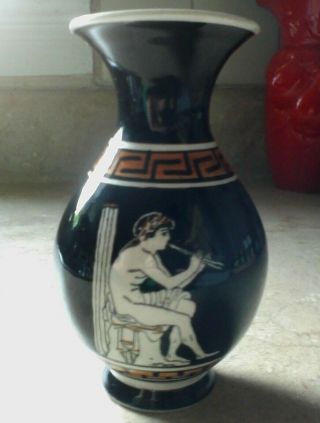 Vintage Greek Hand Painted Black Bud Vase W/greek Gods - - 4 In High