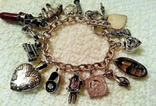 Heavy Vintage Sterling Silver Chunky Charm Bracelet & Charms,  110.  8 Gr,  Movers