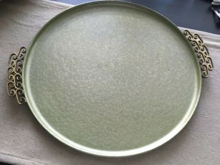 Kyes Moire Glazed Vintage Jade Green Round Serving Tray Mid - Century Metal 14.  5 "
