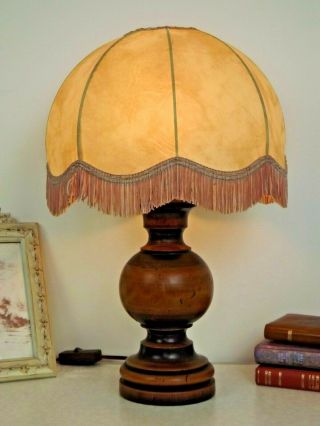 Vintage French Country Turned Wooden Table Lamp With Fringed Hide Shade 1895