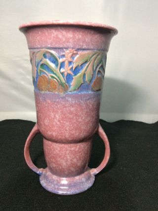 Vintage Roseville Art Pottery Pink Baneda 2 Handle Vase 593 - 8