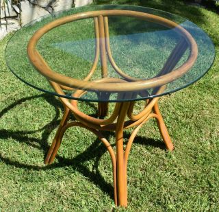 Vintage Mid Century Modern Bamboo Rattan Tiki Style Round Table W/glass Top
