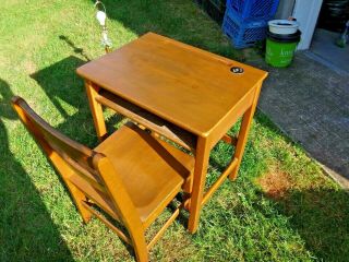 Antique Oak Child ' s School Desk And Chair W Ink Well 2