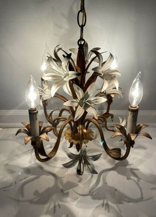 Vintage Italian Gold Gilt Tole 4 - Light Chandelier With Canopy White Lily Flowers