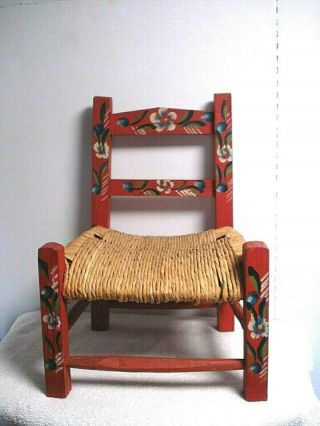 Vtg Antique Child Size Wood Wicker Rush Seat Folk Art Kids Doll Chair Red Floral