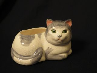 Vintage Ceramic White And Gray Cat Planter With Green Eyes
