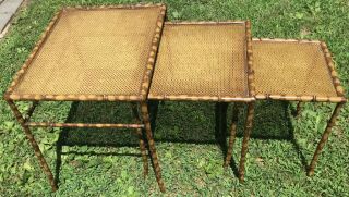 Set Of 3 Vintage Faux Bamboo Nesting Tables Hollywood Regency Mcm Nest
